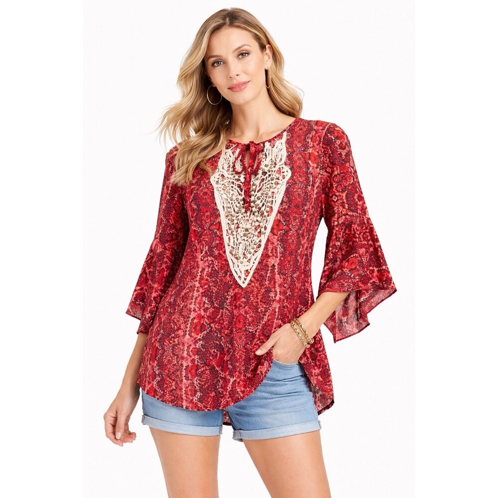 G Collection‎ Red Paisley Boho Tunic Top XL Crochet Studded Blouse